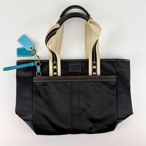 Authentic Coach Hamptons Weekend Black Nylon Tote Bag with Turquoise Accents